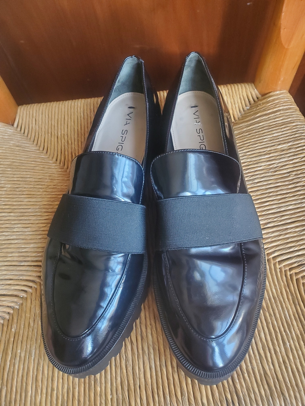 Via Spiga Black Patent Leather Slip-On Loafers with Elastic Band